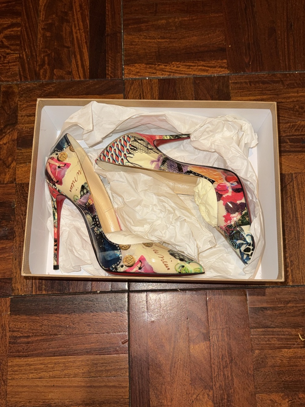 Christian Louboutin Brown Cardboard Shoe Box with White Logo and Shoes